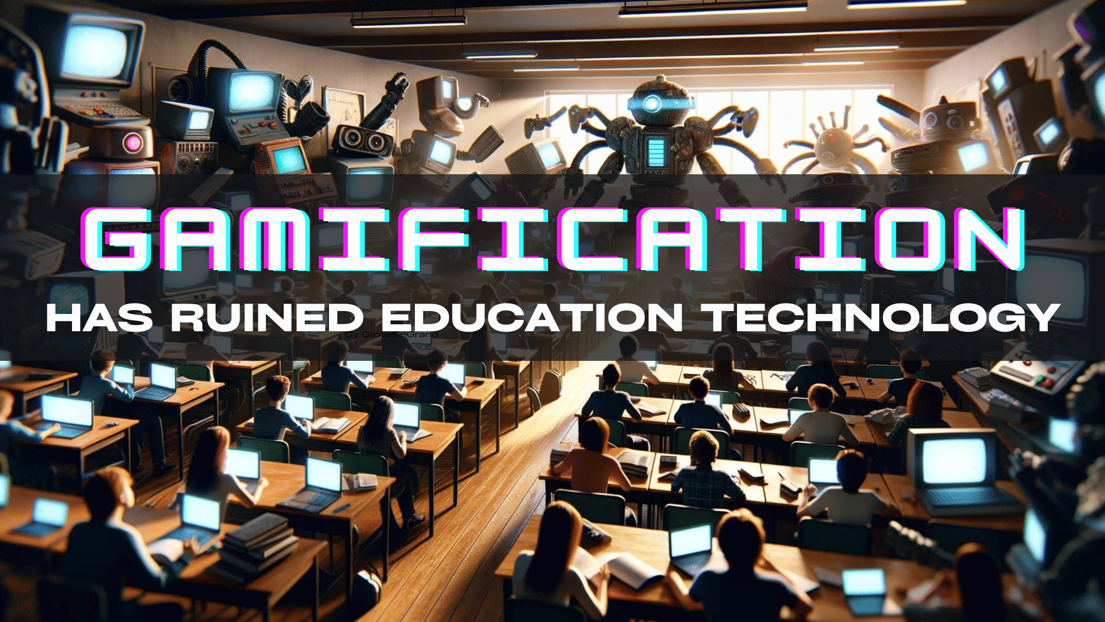 Classroom with students focused on studies, overshadowed by invading gaming robots. Contrast between education and distraction.